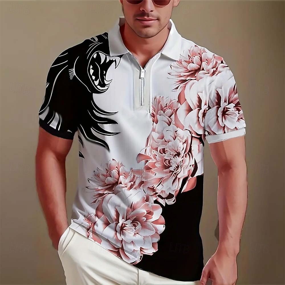 Per uomo Floreale Polo con zip Manica Corta Collo ripiegato Casual Quotidiano Moderno Athleisure Casual Quotidiano Cerniera Estate Rosso rubino Nero Rosso del 2026 a $22.99 –P3