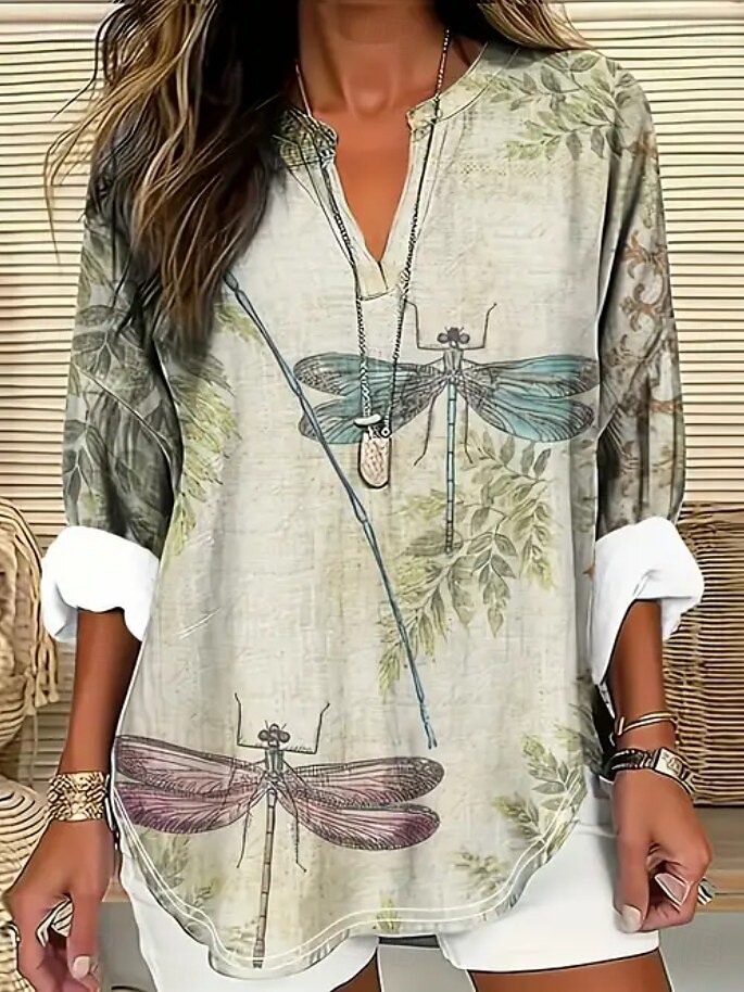 Dame Bluse Grafisk Dyr Bohem Årgang Tropisk Langermet V-hals Vanlige topper Daglig Ferie Strand Klær Trykt mønster Regnbue Beige Sommer Vår 2025 - $24.99 –P1