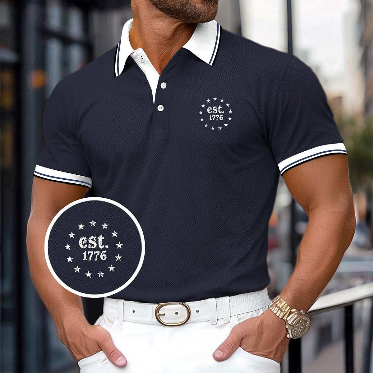 Férfi Golfing Hétköznapi Sport Hajtóka Bordás pólógallér Rövid ujjú Alap Modern Színes Sas Kollázs Gombok Nyár Sárga Rubin Sötétkék Szürke Golfing 2025 - $23.99 –P10