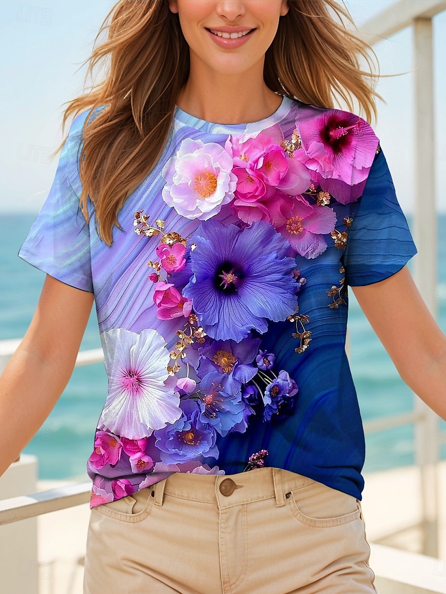 Femmes T-shirt Fleuri Graphique Plantes ancien Élégant Classique Manche Courte Col ras du cou Col rond Hauts Réguliers Quotidien Imprimé Noir et blanc Jaune Bleu Violet Fuchsia Été Printemps de 2025 ? $21.99 –P5