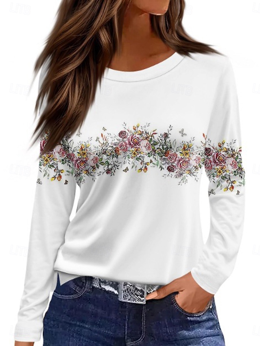 Pentru femei Tricou Floral Grafic Plante Epocă Stilat Clasic Manșon Lung Stil Nautic Rotund Topuri obișnuite Zilnic Imprimeu Alb Roz Îmbujorat Albastru piscină Vară Primăvară Toamnă 2025 - $22.99 –P1