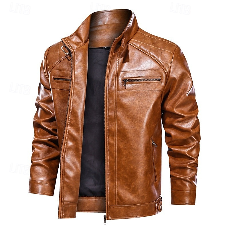 Herren Kunstlederjacke Bikerjacke Rote Lederjacke Motorradjacke Urlaub Täglich Winddicht Warm Tasche Herbst Winter Einfach Mode Klassisch Stehkragen Regulär Schwarz Rote Braun Jacken 2025 - $63.99 –P4