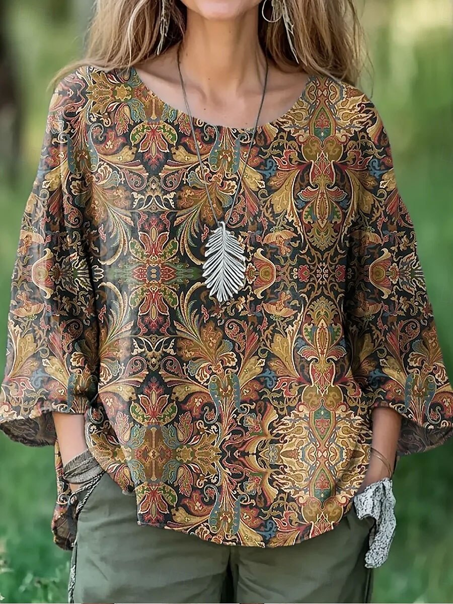 Dámské Halenka Květinový Grafika Kašmírový vzor Elegantní stylové 3/4 délka rukávu Tričkový Úzký výstřih Běžné topy Denní Dovolená Tisk Hnědá Trávová zelená Khaki Jaro Podzim 2025 - $27.99 –P3