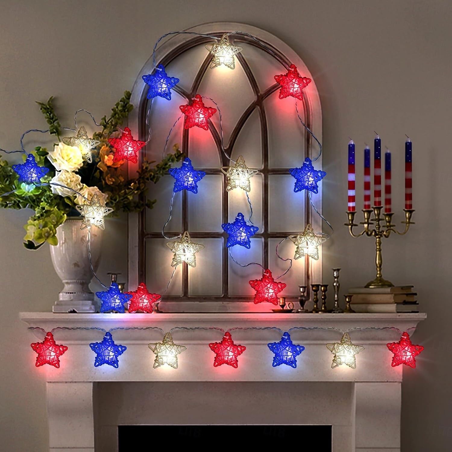 1 Pc 3M-20 LED Star String Lights Red, White, Blue Vine Weaving Pentagram Light String July 4th Independence Day Party Patriotic Atmosphere Decorative Light AAA Battery Box 2025 - $14.49 –P5