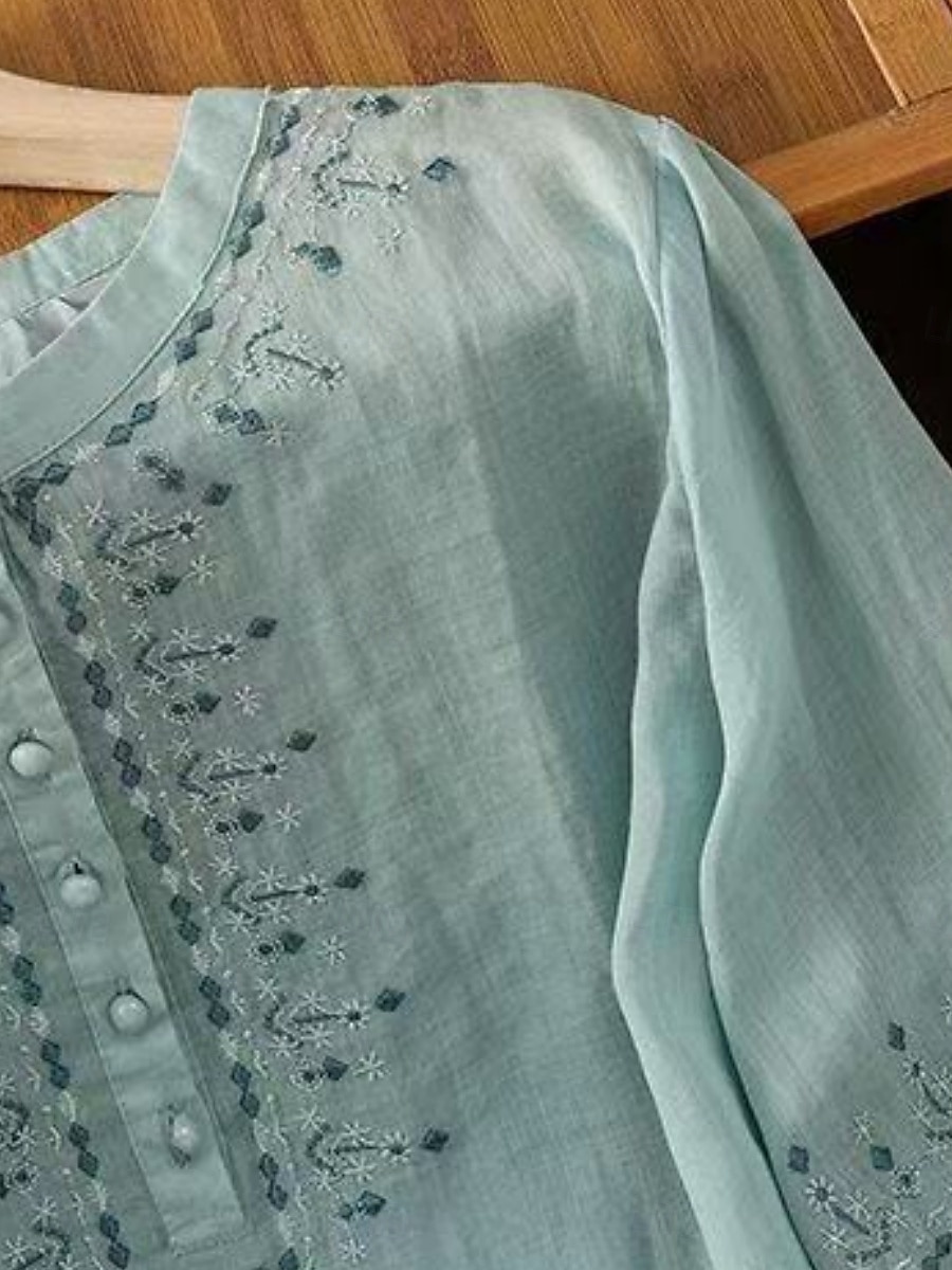Dame Skjorter i bomullslin Helfarge Grunnleggende Fritid 3/4 ermer Crew-hals Vanlige topper Daglig Broderi Knapper Rosa Blå Aprikos Sommer 2025 - $17.99 –P12