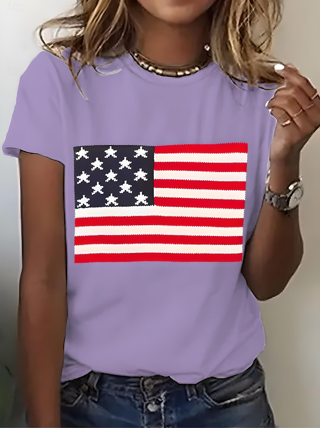 Americké dámské tričko s grafikou vlajky národní vlajka vintage stylové klasické s krátkým rukávem kulatým výstřihem běžné každodenní potisky černé bílé růžové modré fialové léto jaro 2025 - $19.99 –P6