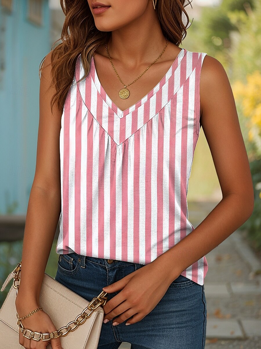 Per donna Canotta a canotta Grafico A righe Vintage Elegante Casual Senza Maniche Scollo a V Top lunghi Quotidiano Stampato Rosa Blu Viola Verde Cachi Estate Primavera del 2025 a $23.99 –P7