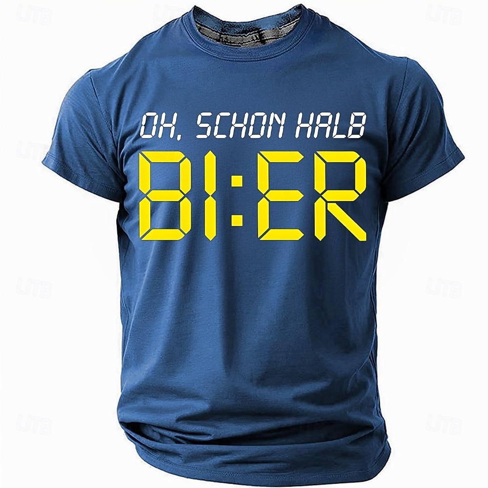 2025年 男性用ユーモラスグラフィックTシャツ - 'Oh Schon Halb BI:ER' デジタル時計ビールの言葉遊びTシャツ、ビール愛好家向け  コレクション – $17.99 –P2
