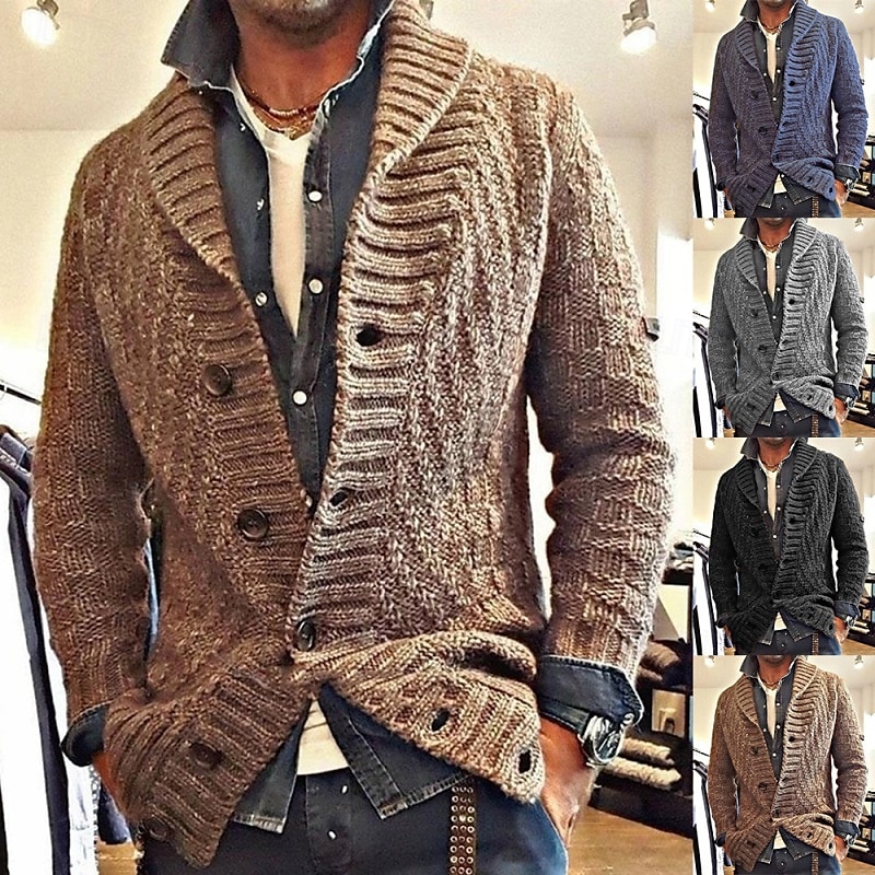 Men's Sweater Cardigan Sweater Cable Knit Regular Tops Knitted Plain Shawl Collar Modern Contemporary Casual Casual Daily Wear Clothing Apparel Fall Winter Black Navy Blue S M L 2025 - $37.99 –P1