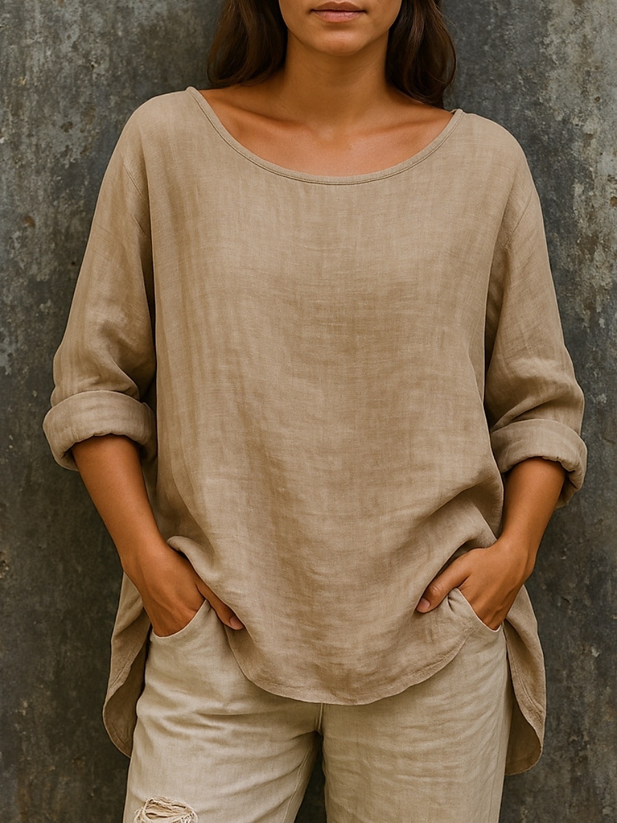 Per donna Camicie di cotone e lino Tinta unica Essenziale Casual Manica Lunga Girocollo Top Regolari Quotidiano Arricciato Rosa Azzurro cielo Verde Cachi Autunno del 2025 a $16.99 –P2