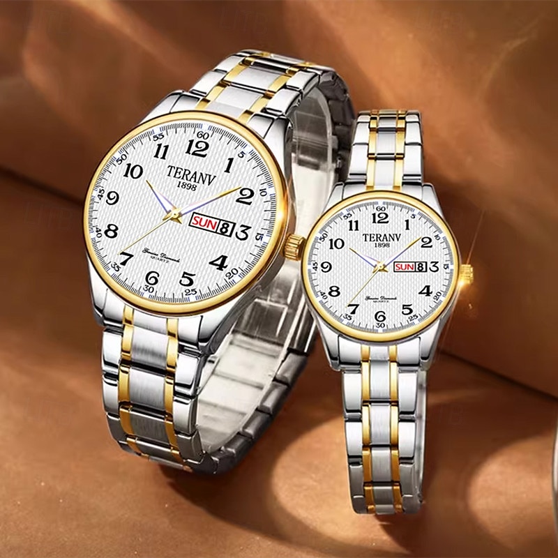 il s'agit d'une montre de couple élégante avec deux cadrans numériques ronds et des bracelets en acier inoxydable dotés d'un affichage de date lumineux étanche IPX7 du lundi au dimanche. c'est un de 2025 ? $28.99 –P5