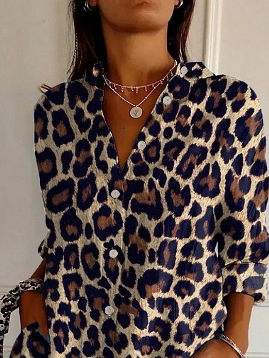 Women's Shirt Leopard Striped Active Daily Stylish Long Sleeve Shirt Collar Regular Tops Daily Holiday Buttons Print White Brown Spring Fall 2025 - $25.99 –P1