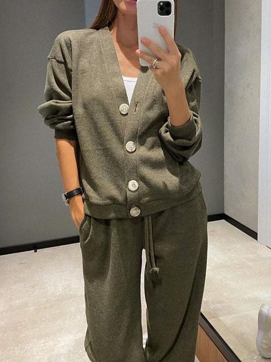 Women's Fashion Streetwear Daily Pants Sets Long Sleeve V Neck Plain Casual Daily Black Army Green Blue Fall Regular Fit 2025 - $34.99 –P8
