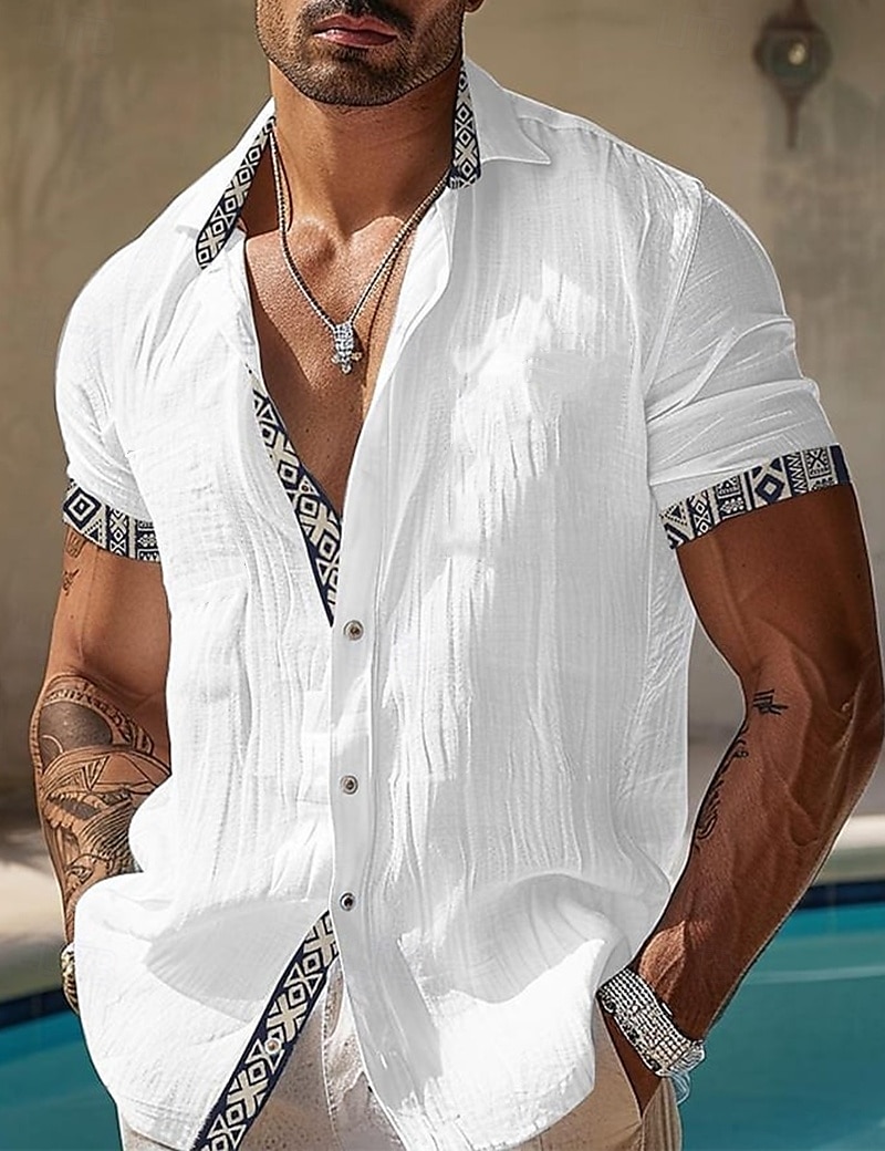 Herren Leinenhemd Sommerhemd Strandbekleidung Knopfhemd Geometrisch Urlaub Lässig Schwarz Weiß Blau Kurzarm Umlegekragen Sommer Frühling Bekleidung Patchwork 2025 - $24.99 –P3