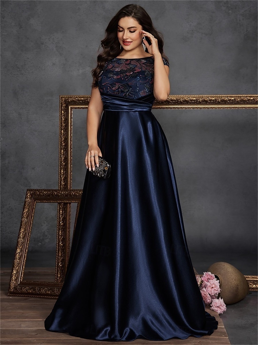 Robe A-Line grande taille élégante robe courbée formelle de mariage longueur de sol sans manches col rond satin avec plis de 2025 ? $125.99 –P4