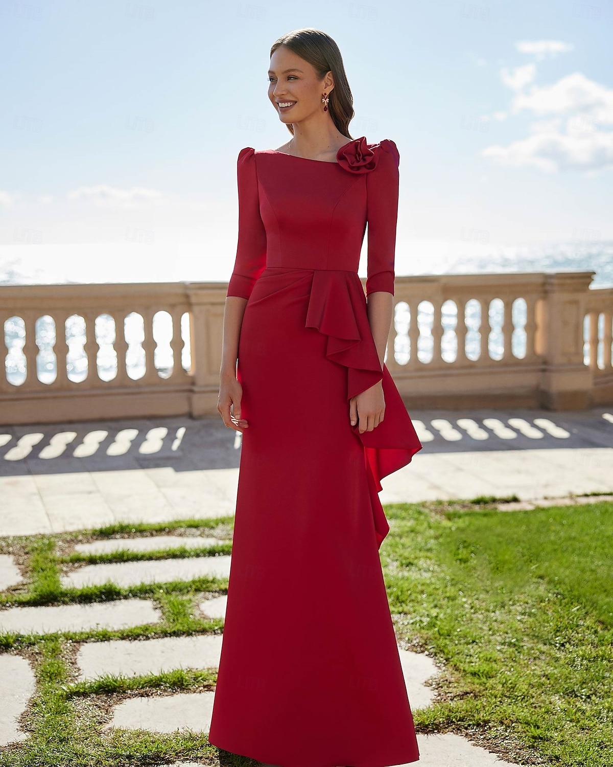 rot-grünes A-Linien-Abendkleid, elegantes Kleid für formelle Hochzeitsgäste, bodenlang, 3/4-Ärmel, U-Boot-Ausschnitt, Tasche, Stretch-Satin mit Rüschen, 2025 2025 - $139.99 –P1