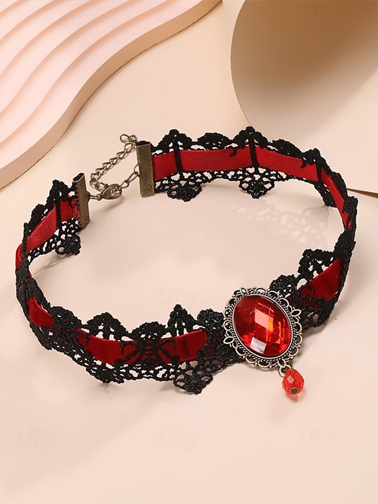Collier ras du cou gothique en dentelle pour femme avec pendentif en pierre rouge, bijou vintage en velours noir pour fête d'Halloween et cosplay costumé de 2025 ? $7.99 –P6