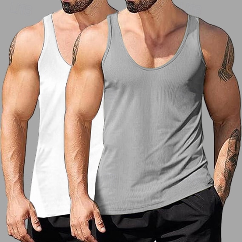 2PCs Men's Tank Top Undershirt Sleeveless Shirt Wife beater Shirt Sleeveless Deep U Scoop Neck Scoop Neck Summer Solid Color Plain Pit Strip Fashion Designer Sporty Ribbed Plain Casual Tank top 2026 - $20.99 –P4