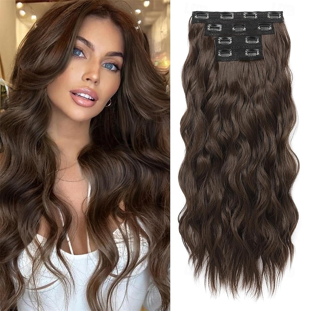 Extensiones de cabello con clip, 4 unidades, 24 unidades, ondas playeras largas y gruesas, trama de encaje invisible, rubio medio con reflejos rubios, HE003 2025 - $26.99 –P2