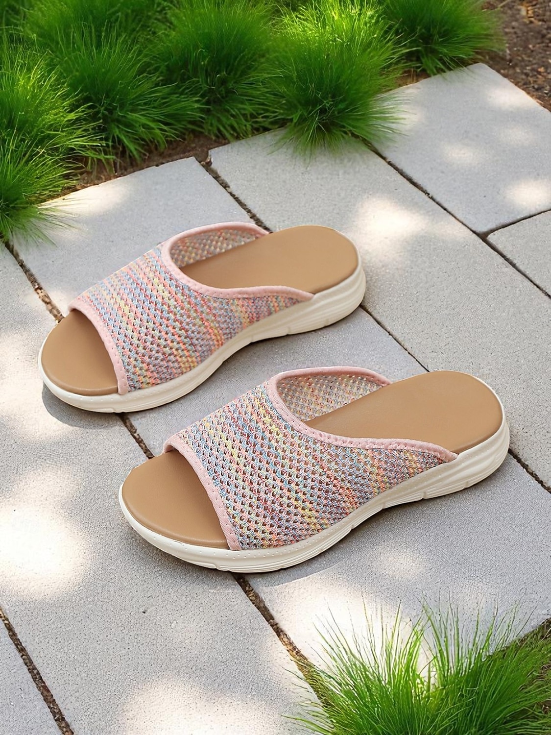 Sandalias de malla tejida de colores para mujer: sandalias ligeras con punta abierta y comodidad aireada, perfectas para recados en la ciudad, paseos por la playa y relajación en el patio. 2026 - $24.99 –P1