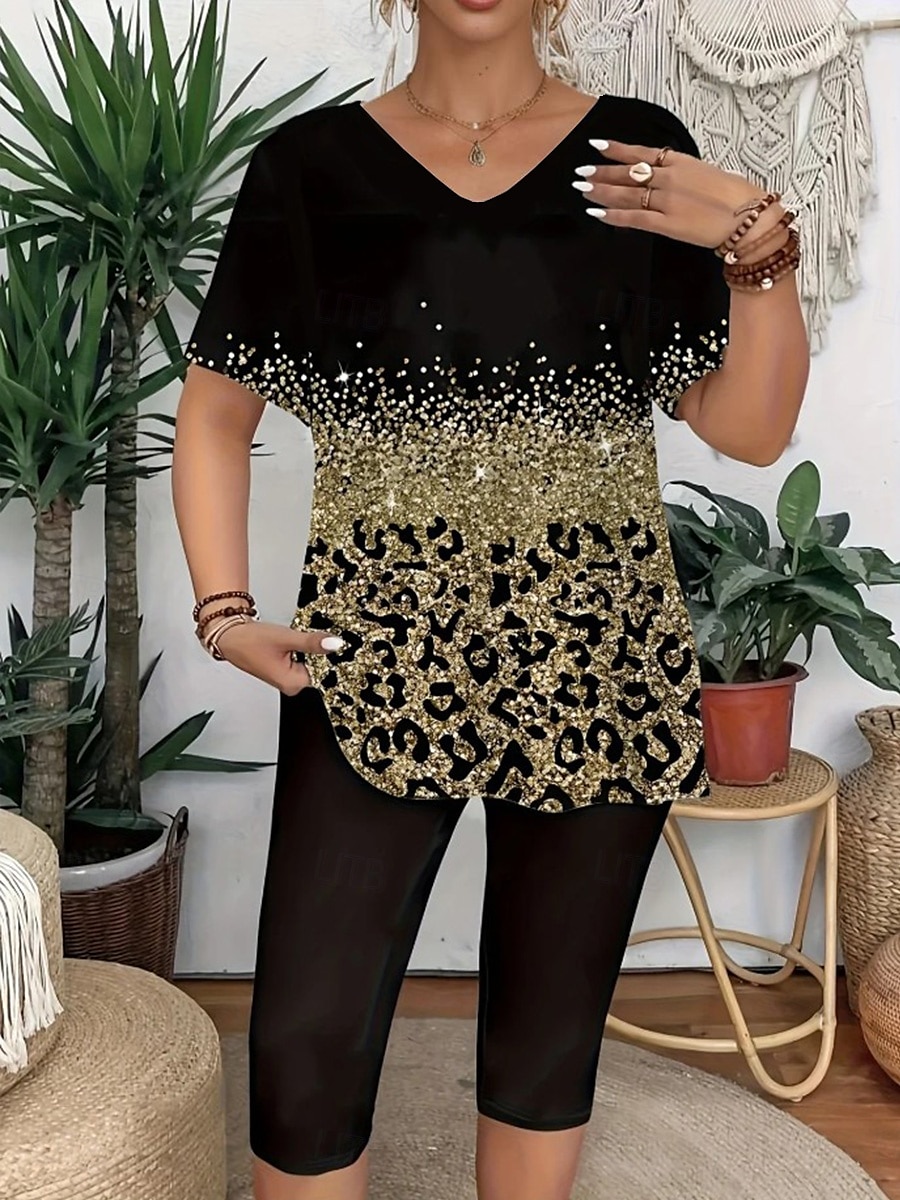Damen Mode T Shirt Shorts-Sets Kurzarm V Ausschnitt Blumen Grafik Leopard Druck Alltagstauglich Schwarz Gold Grün Sommer Normale Passform 2025 - $29.99 –P2