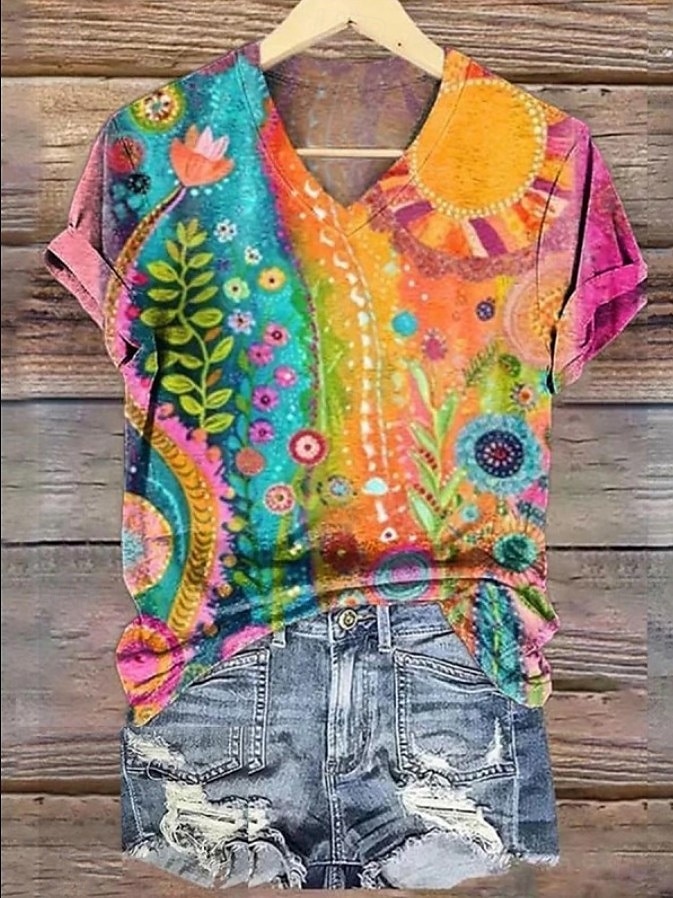 Femmes T-shirt Fleuri Graphique Plantes ancien Mode Hawaïen Manche Courte Col en V Hauts Réguliers Quotidien Sortir Week-end Imprimé Jaune Rose Claire Bleu Violet Orange Été Printemps de 2025 ? $19.99 –P5