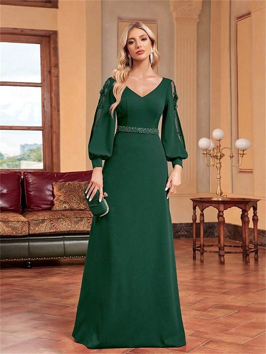 Abiti Quinceanera A-Line abito elegante formale da sposa lungo manica lunga scollatura a V in satin con perline del 2025 a $99.99 –P4