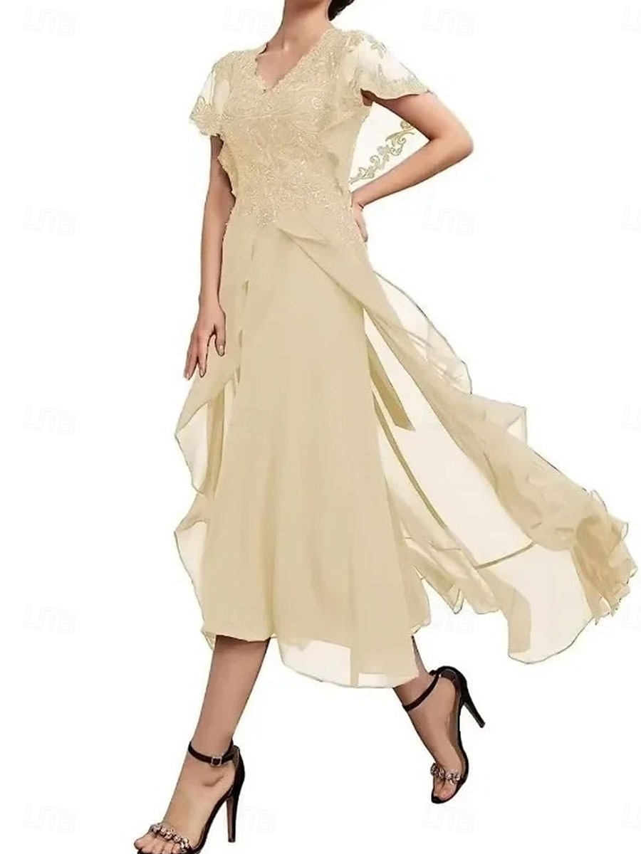 Abito A-Line per Madre della Sposa Elegante V Collo in Lungo Chiffon Maniche Corte con Colore Solido del 2025 a $179.99 –P5