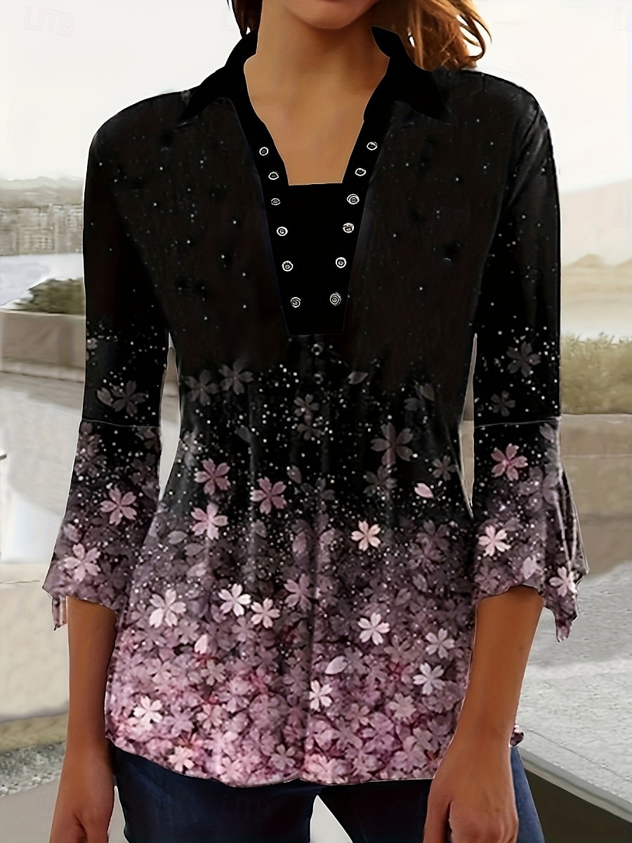 Femmes Chemisier Fleuri Graphique ancien Occasionnel Manche 3/4 Col de chemise Hauts Réguliers Quotidien Patchwork Imprimé Noir Blanche Bleu Violet Été Printemps de 2025 ? $24.99 –P4