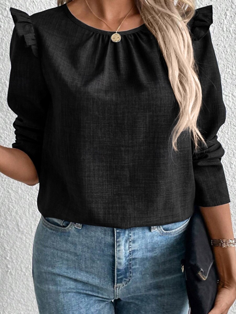 Dame T skjorte عادي Mote Moderne Fritid Langermet Crew-hals Vanlige topper Daglig Helg Drapering Knapper Svart Navyblå Kakifarget Grå Sommer 2025 - $25.99 –P7