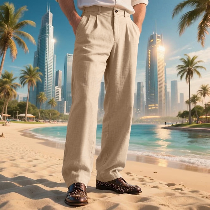 Men's Linen Pants Trousers Summer Pants Beach Pants Pocket Straight Leg Plain Comfort Breathable Vacation Daily Holiday Hawaiian Boho Black White 2025 - $25.99 –P1