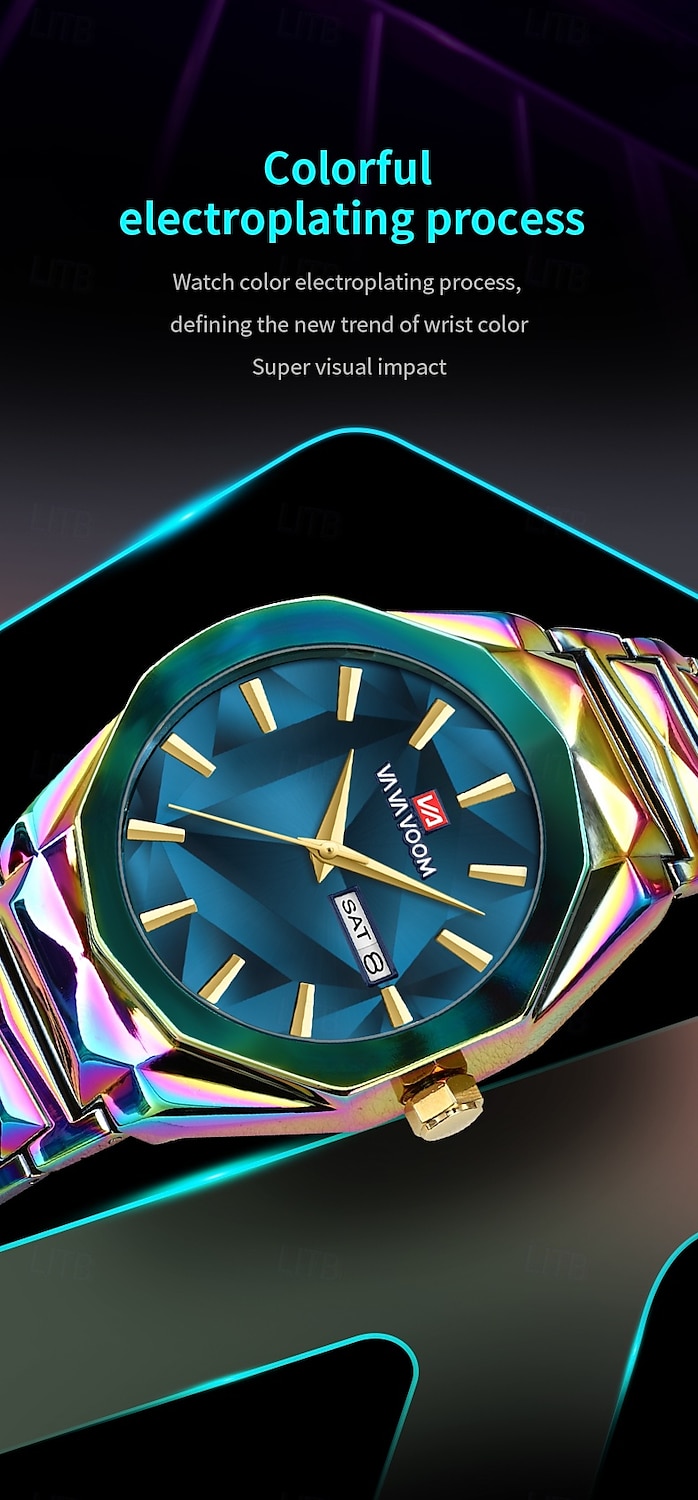 VA VA VOOM Men's Watch Business And Leisure Dual Calendar Waterproof Stainless Steel Strap Color Changing Dial Quartz Watch 2025 - $29.99 –P2