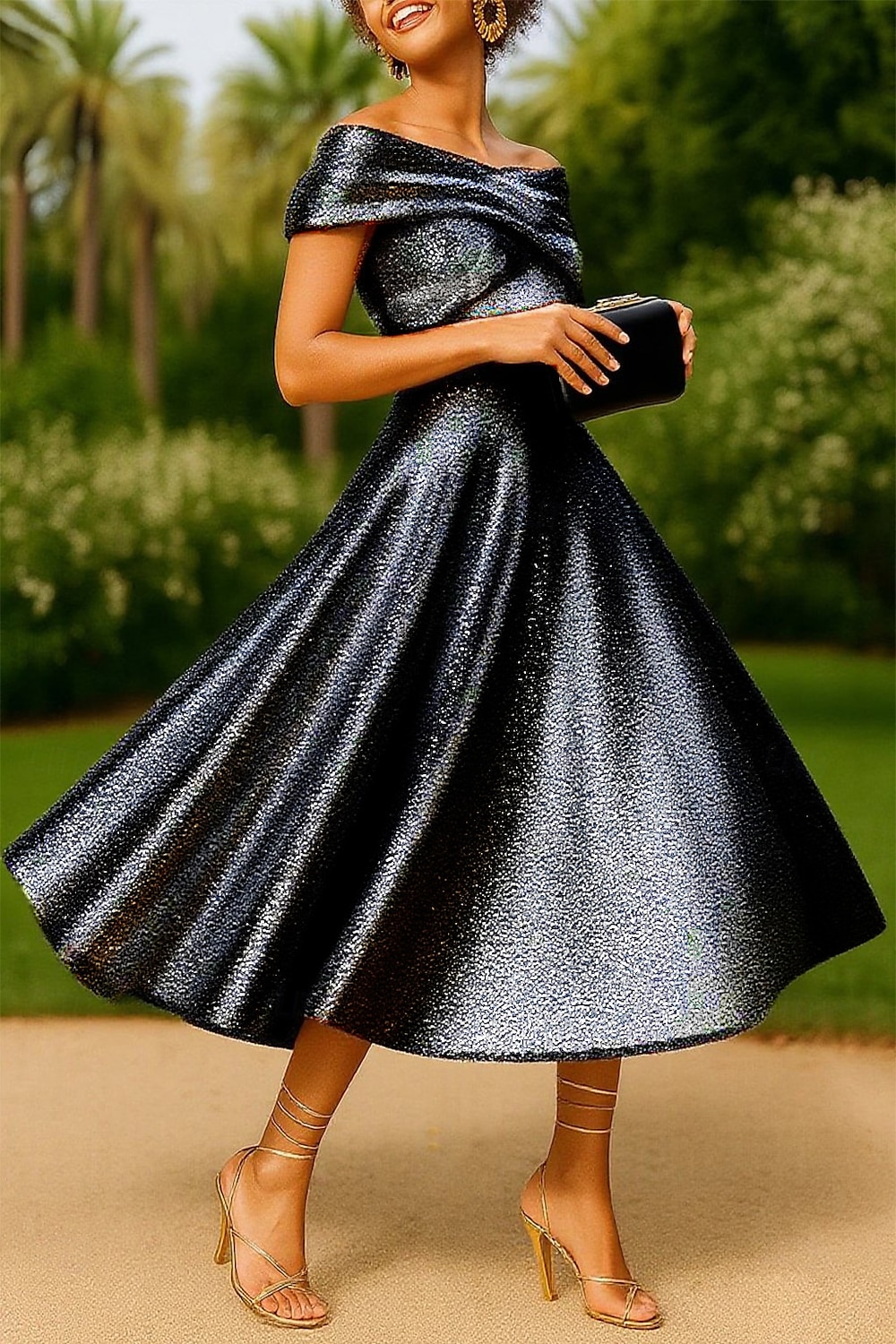 Abiti Cocktail A-Line Jacquard Oro Scintillante Abito Elegante Matrimonio Formale Lunghezza Tè Lunghezza Midi Senza Maniche Spalle Scoperte con Pieghe del 2025 a $159.99 –P5