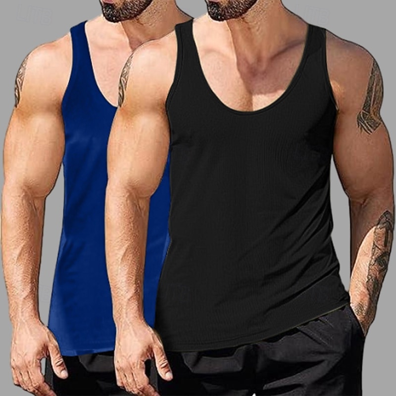 2PCs Men's Tank Top Undershirt Sleeveless Shirt Wife beater Shirt Sleeveless Deep U Scoop Neck Scoop Neck Summer Solid Color Plain Pit Strip Fashion Designer Sporty Ribbed Plain Casual Tank top 2026 - $20.99 –P11