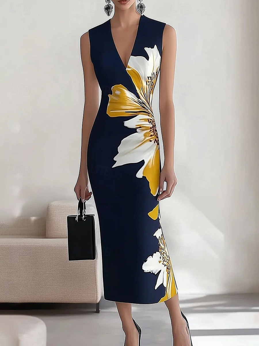 Femmes Robe maxi Robe fourreau Occasionnel Extérieur Sortir Coupe régulière Fleuri Sans manches Col en V Bleu marine Noir Été de 2025 ? $14.99 –P1