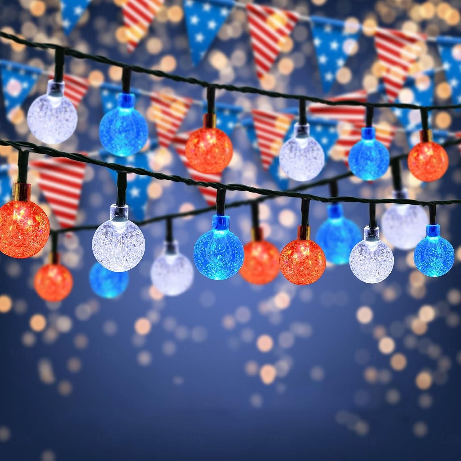 1 Stück 12 m - 100 LED-Perlen, solarbetriebene patriotische Lichterketten für den Außenbereich, wasserdicht, 4. Juli, Unabhängigkeitstag, rot-weiß-blaue Blasenkugel-Lichterkette, Hof, Gartenzaun, Balkon, Party, patriotische Atmosphäre 2025 - $23.99 –P6