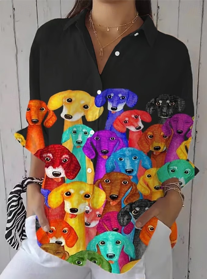 Γυναικεία Μπλουζάκι Κουμπί Κάτω Τουνίκ Shirt Γιακάς Μακρύ Μανίκι Ombre Σκύλος Ενεργό Γλυκό Καθημερινά Κανονικά Μπλουζάκια Εργασίας Εκτύπωση Μαύρο Άσπρο Ροζ Μπλε Πράσινο Άνοιξη Φθινόπωρο 2025 - $32.99 –P3