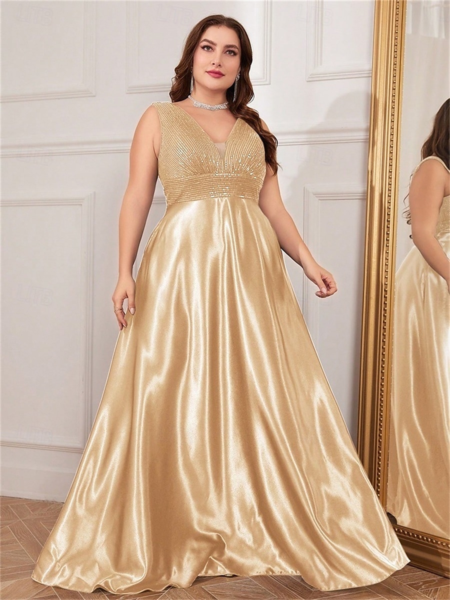 A-Line Plus Size Dresses Elegant Curve Dress Formal Wedding Floor Length Sleeveless V Neck Satin V Back with Pleats 2025 - $119.99 –P10