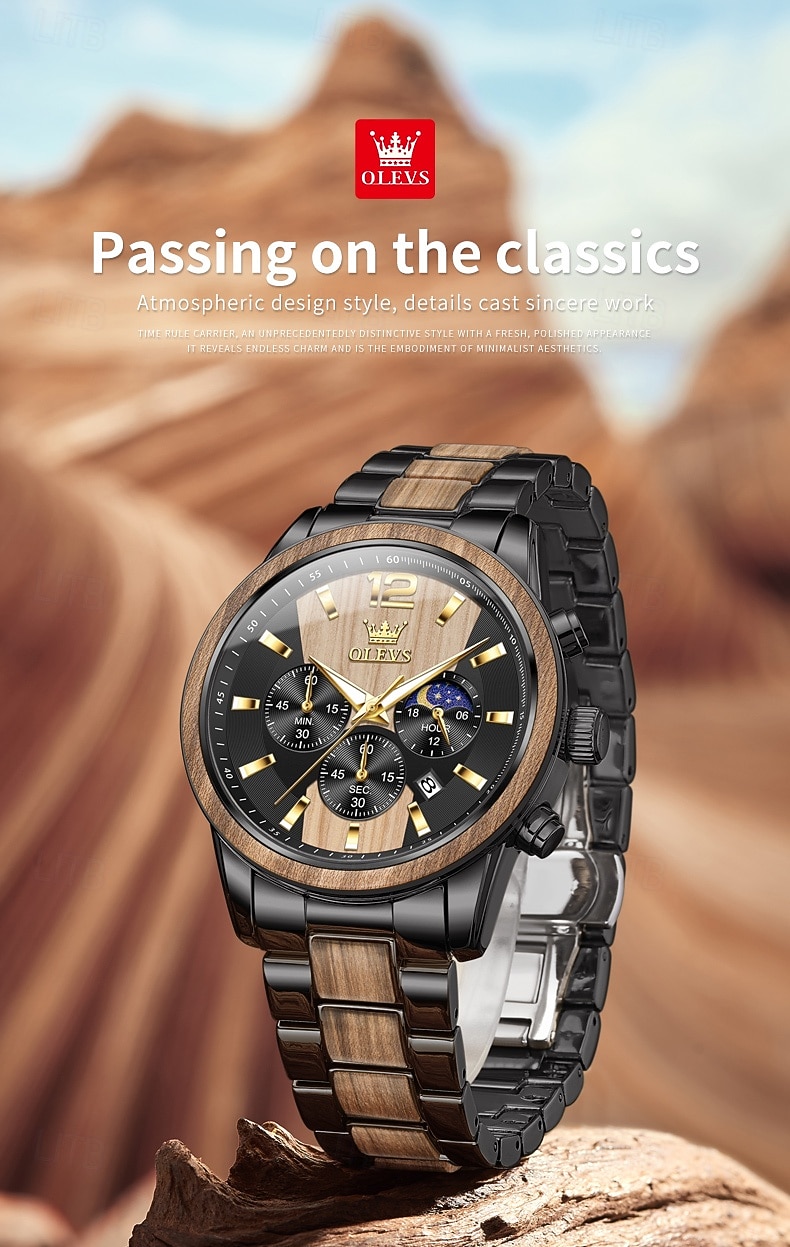 OLEVS 3645 Heren Horloge Top Merk Business Originele Kwarts Horloge Massief Hout Multifunctionele Chronograaf Maanfase Horloge 2026 - $62.99 –P5
