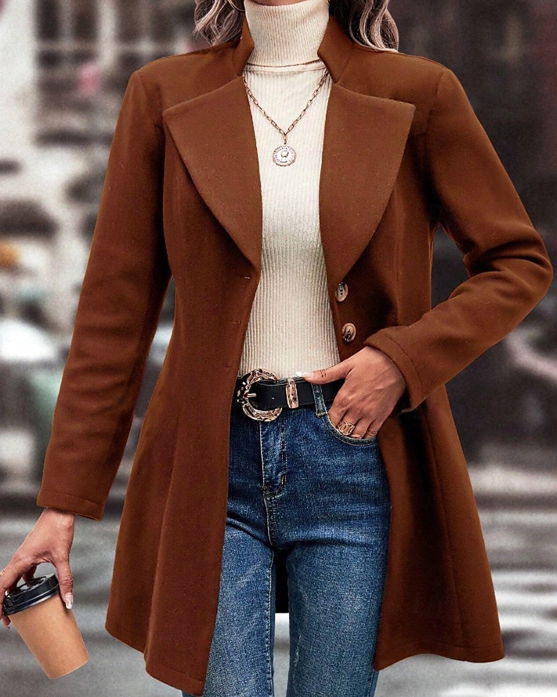 Damen Mantel Warm Bequem Knöpfe Mode Einfach Straße Ferien Einreihig Lang Umlegekragen Normale Passform Langarm Oberbekleidung Schwarz Aprikose Kaffee Herbst Winter 2025 - $27.99 –P4