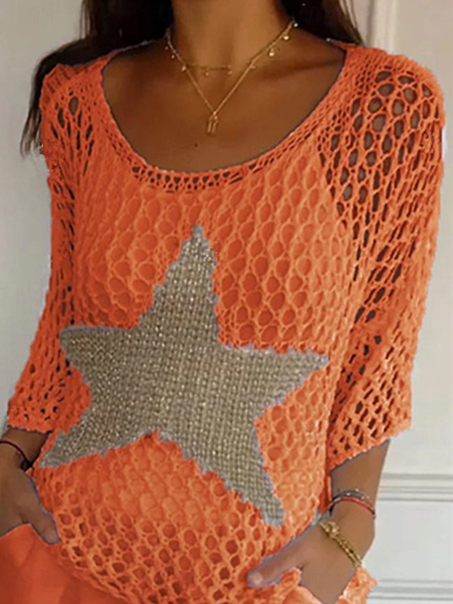 Dame Bluse Stjerne Stilfull Fritid 3/4 ermer Crew-hals Vanlige topper Daglig Utskjæring Svart Hvit Rosa Oransje Kakifarget Sommer 2025 - $26.99 –P4