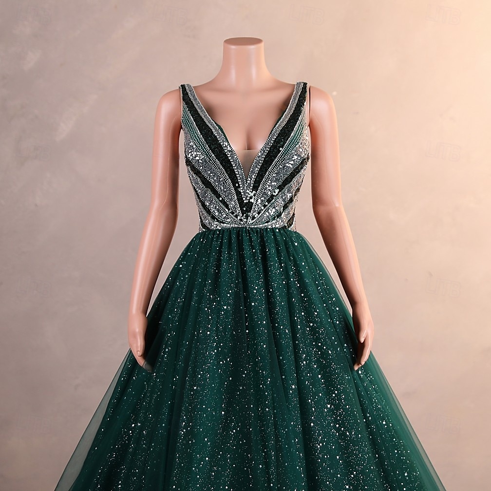 Ballkleid Abendkleid Elegantes Kleid Formale Promenade knöchellang ärmellos V-Ausschnitt Tüll mit Glitzer Pailletten 2025 - $236.69 –P1