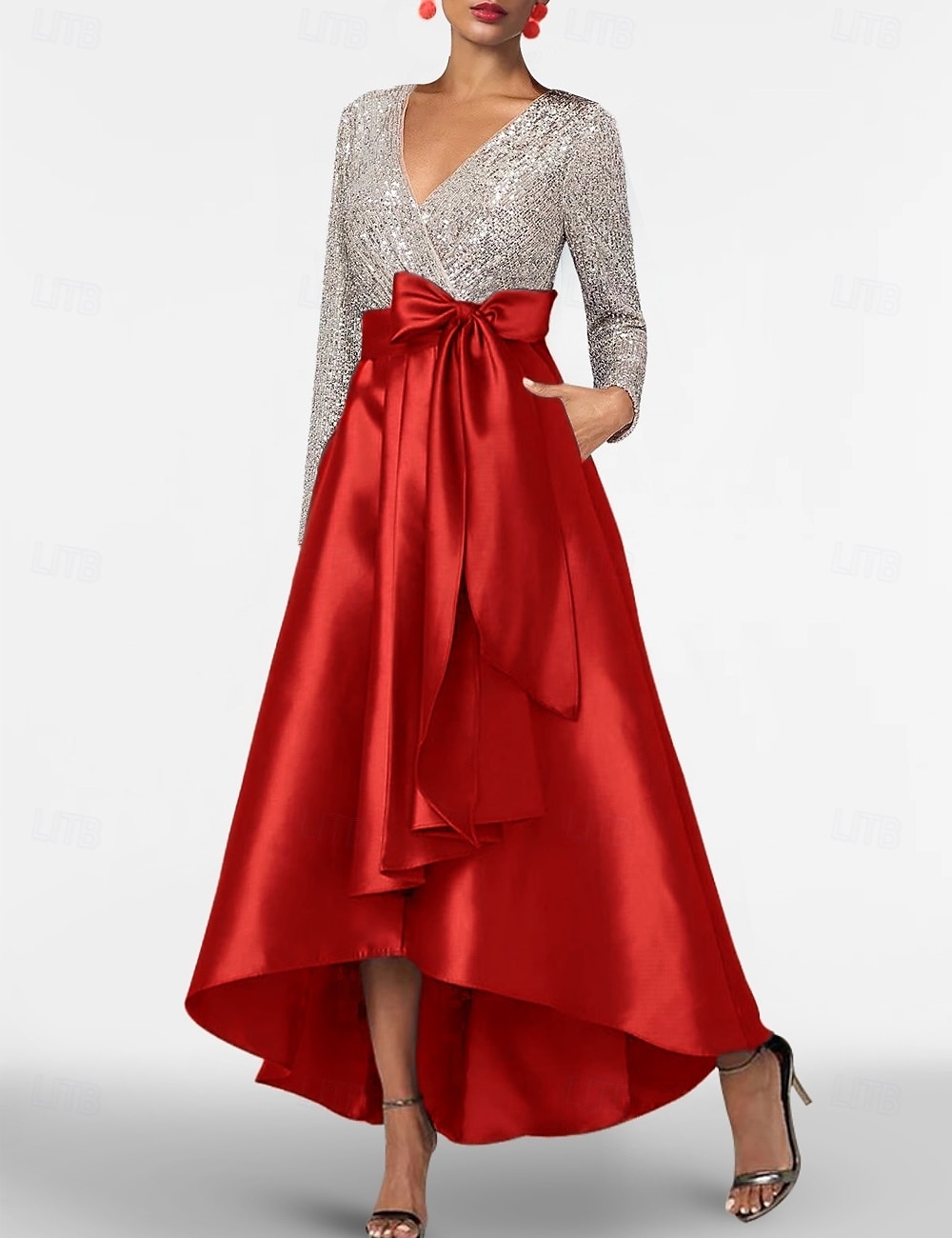Abiti cocktail A-Line Abito elegante Matrimonio Formale Maniche lunghe asimmetriche Scollo a V Pochette Satina con fiocco(i) del 2025 a $135.99 –P6
