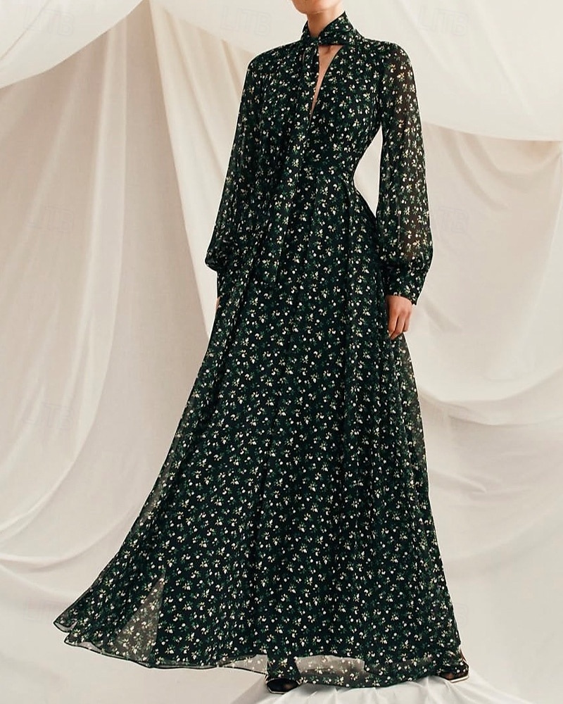 A-Linie Brautmutterkleid Elegant Einfach Minimalistisch V-Ausschnitt mit Schal Bodenlänglich Floralprint Chiffon Langarm mit Falten 2025 - $145.99 –P1