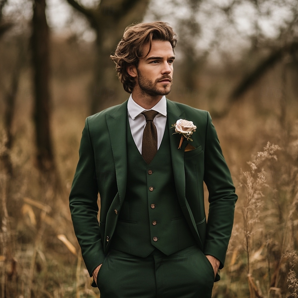 Uomo Matrimonio Completi Verde scuro Moda Formale Tinta unita Vestibilità standard 3 pezzi Monopetto Due Bottoni del 2025 a $136.99 –P1