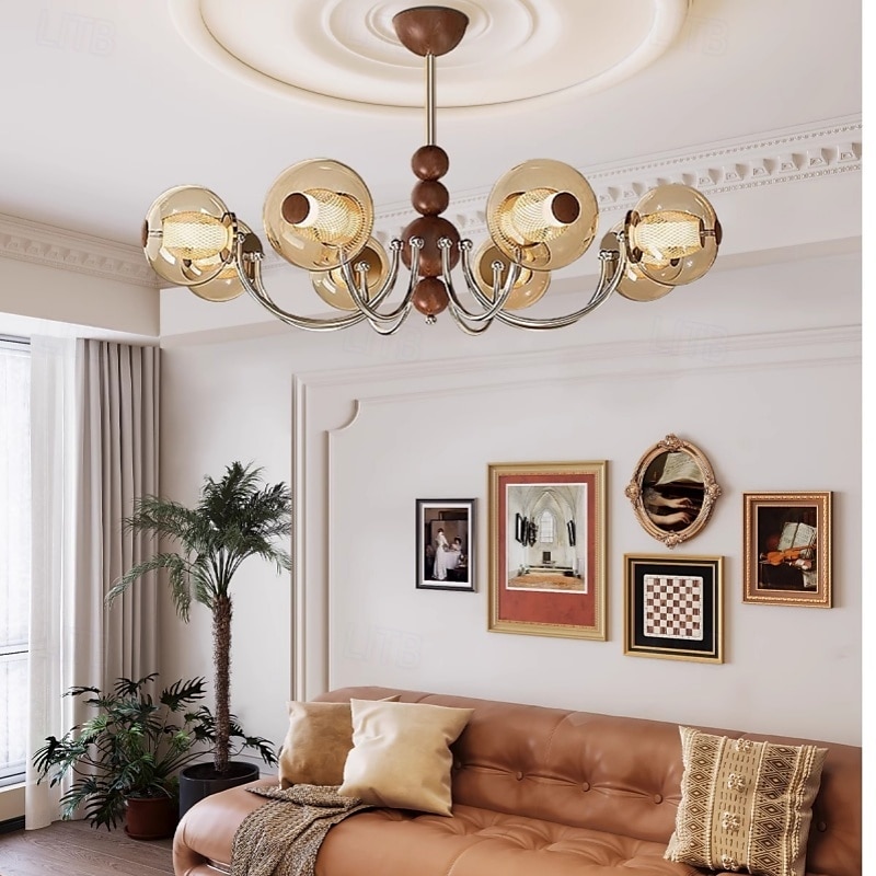 French Mid - Century Wood & Glass Chandelier, American Retro, Multi - Room Elegance 2025 - $906.29 –P1