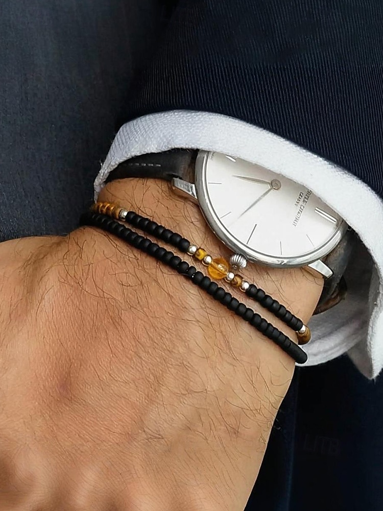 Men’s Natural Stone Beaded Bracelet Set, Matte Black and Tiger Eye Beads with Yellow Accent, Minimalist Style for Business, Casual and Gift Occasions 2025 - $9.99 –P1
