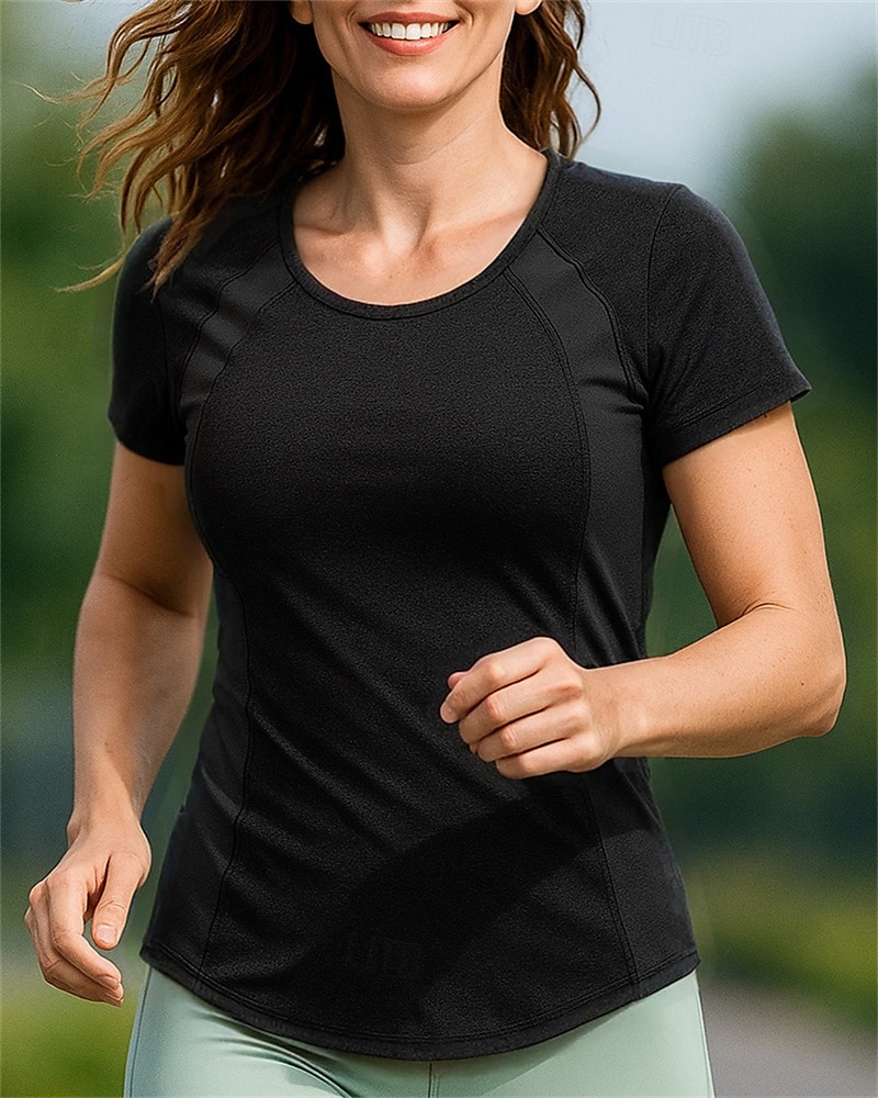 Damen Wanderhemd Wanderspitze Kurzarm Rundhalsausschnitt Oberteil Außen Atmungsaktiv Schnelltrocknend Feuchtigkeitsableitend Leicht Polyester Patchwork Schwarz Marinenblau Grau Tennis Golfspiel Laufen 2025 - $13.99 –P4
