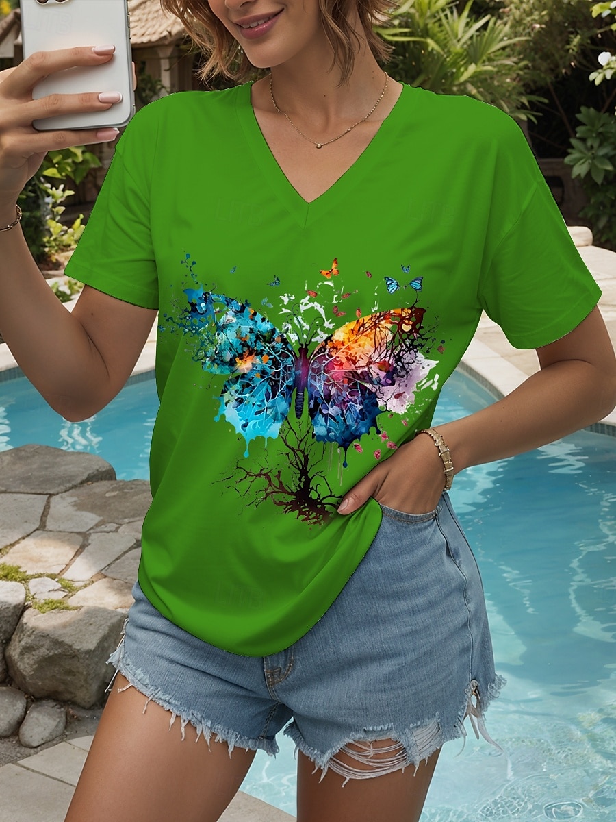 Pentru femei Tricou Grafic Animal Fluture Epocă Stilat Clasic Manșon scurt În V Topuri obișnuite Zilnic Ieșire Sfârșit de săptămână Imprimeu Negru Alb Galben Roz Îmbujorat Roșu-aprins Vară Primăvară 2025 - $19.99 –P10