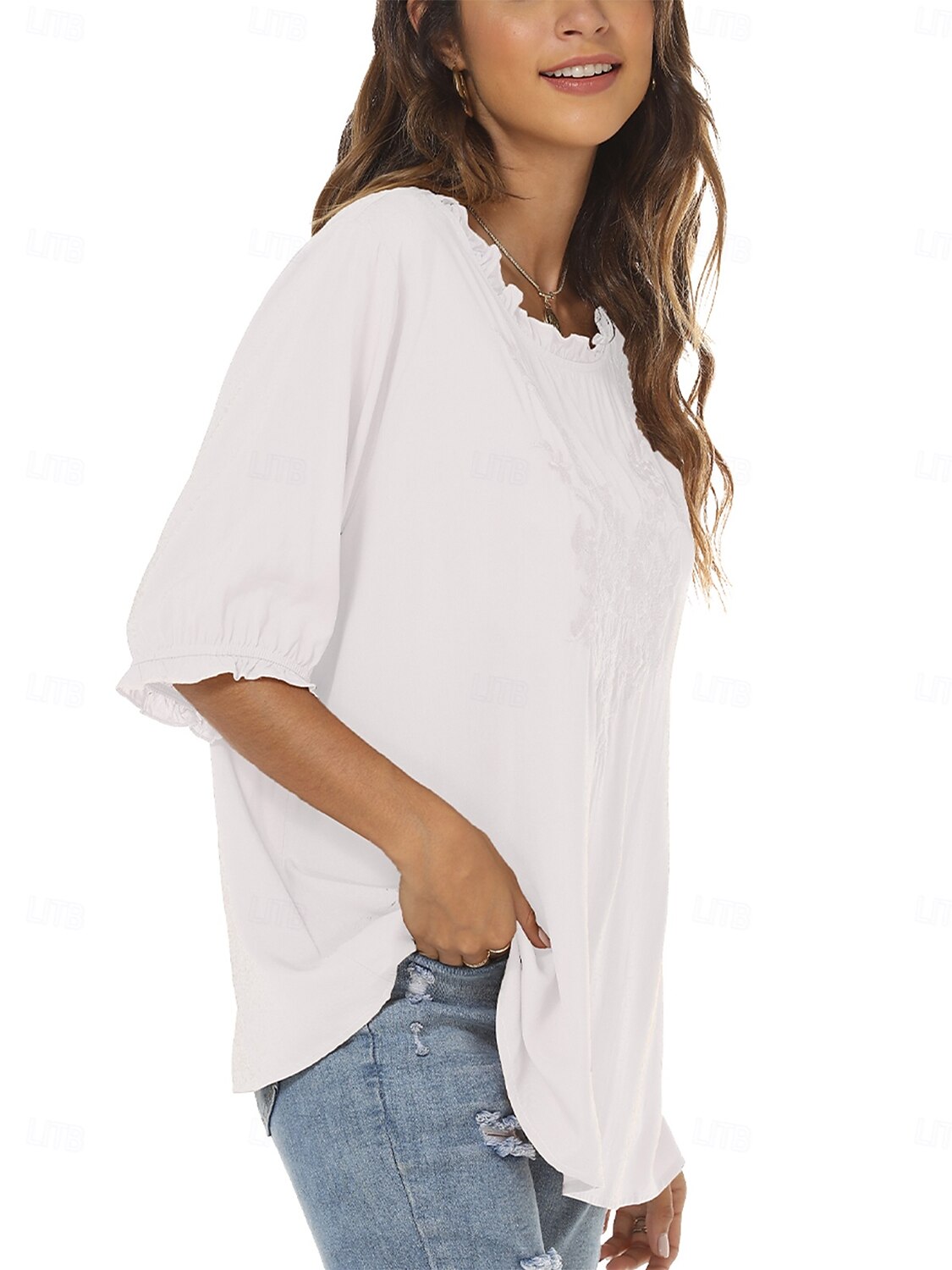 Damen Hemd Einfarbig Blumen Lässig Boho Dreiviertelarm Ellbogenärmel Rundhalsausschnitt Normale Oberteile Täglich Ausgehen Rüsche Bestickt Schwarz Weiß Rote Khaki Sommer 2025 - $24.99 –P4